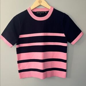 English Factory Striped Short Sleeve Knit‎ Sweater Size XS Navy Blue Coral Pink
